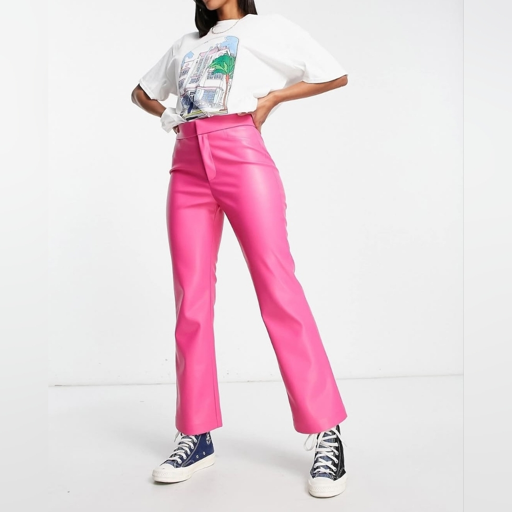 Stradivarius Faux Leather Pants In Pop Pink